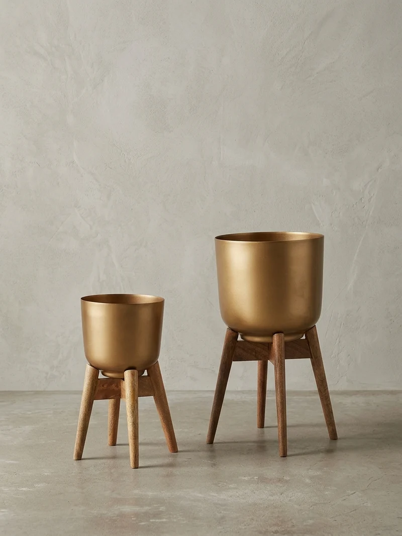 Pflanzkübel Set Alu und Holz Gold/Braun modern 2-teilig