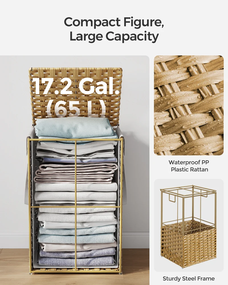 Laundry Hamper with Lid 17.2 Gallon Rattan Clothes Laundry Basket with Lid and Handles Foldable Removable Liner for Laundry Room Natural