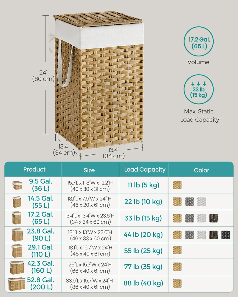 Laundry Hamper with Lid 17.2 Gallon Rattan Clothes Laundry Basket with Lid and Handles Foldable Removable Liner for Laundry Room Natural