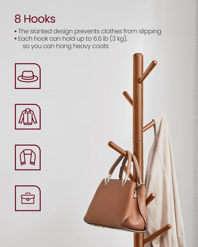 VASAGLE Solid Wood Coat Rack Free Standing with 8 Hooks Caramel Brown