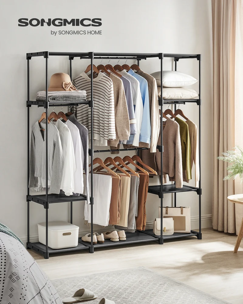 59.5 x 16.9 x 65.4 In Freestanding Portable Closet Organizer System, Clothes Rack with Shelves and Hanging Rods for Bedroom and Cloakroom Black