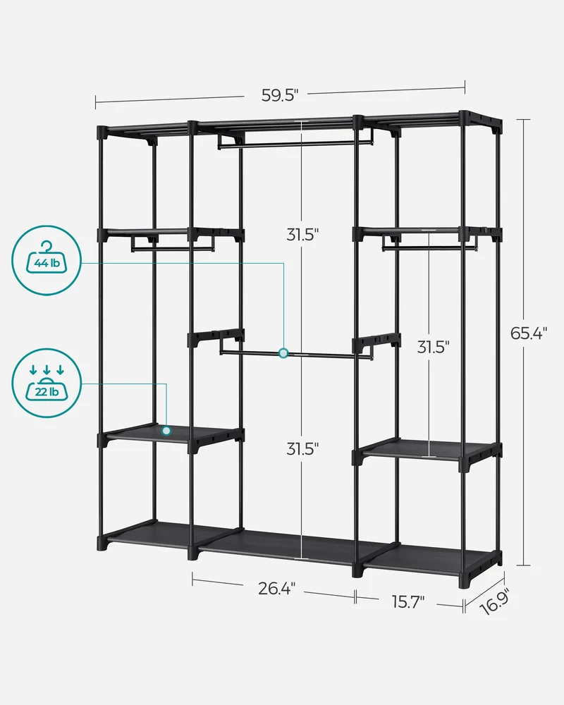 59.5 x 16.9 x 65.4 In Freestanding Portable Closet Organizer System, Clothes Rack with Shelves and Hanging Rods for Bedroom and Cloakroom Black