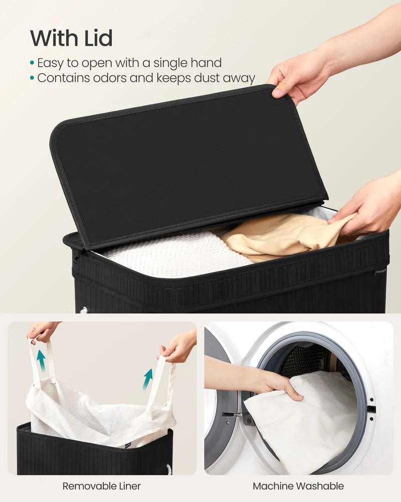 26.4-Gals Laundry Hamper Basket Bamboo Laundry Basket with Lid Removable Machine Washable Laundry Basket, with Handles Ink Black
