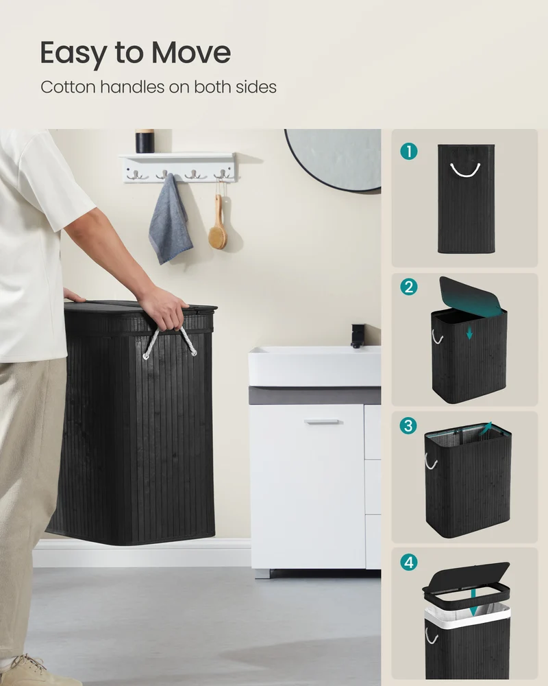 26.4-Gals Laundry Hamper Basket Bamboo Laundry Basket with Lid Removable Machine Washable Laundry Basket, with Handles Ink Black