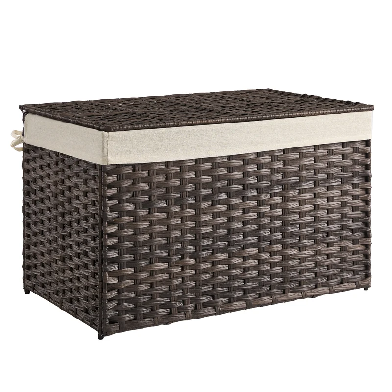 SONGMICS Storage Basket with Lid, 42.3 Gallon (160L) Storage Bin, Woven Blanket Storage Basket with Handles, Foldable, Removable Liner Brown