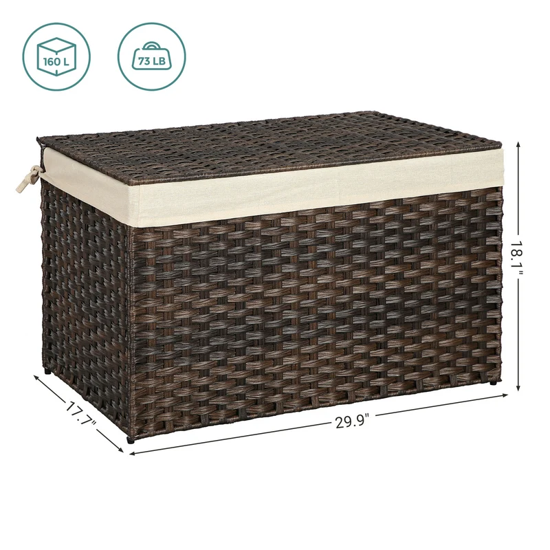 SONGMICS Storage Basket with Lid, 42.3 Gallon (160L) Storage Bin, Woven Blanket Storage Basket with Handles, Foldable, Removable Liner Brown