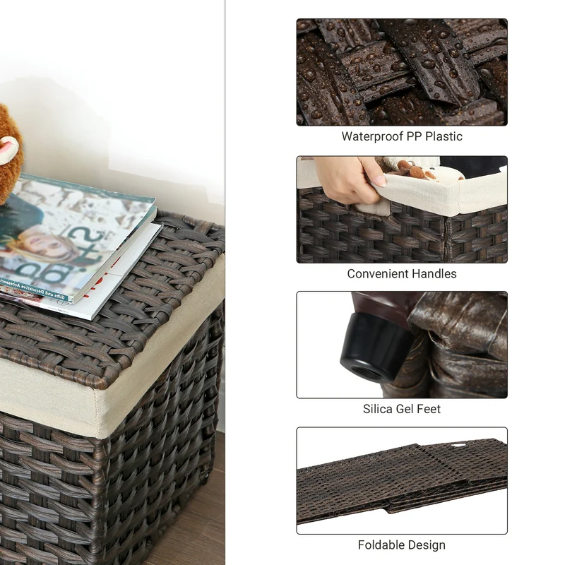 SONGMICS Storage Basket with Lid, 42.3 Gallon (160L) Storage Bin, Woven Blanket Storage Basket with Handles, Foldable, Removable Liner Brown