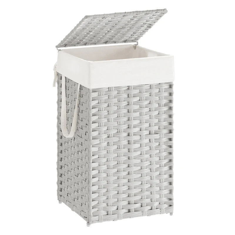 Laundry Hamper with Lid 17.2 Gallon Rattan Clothes Laundry Basket with Lid and Handles Foldable Removable Liner for Laundry Room White