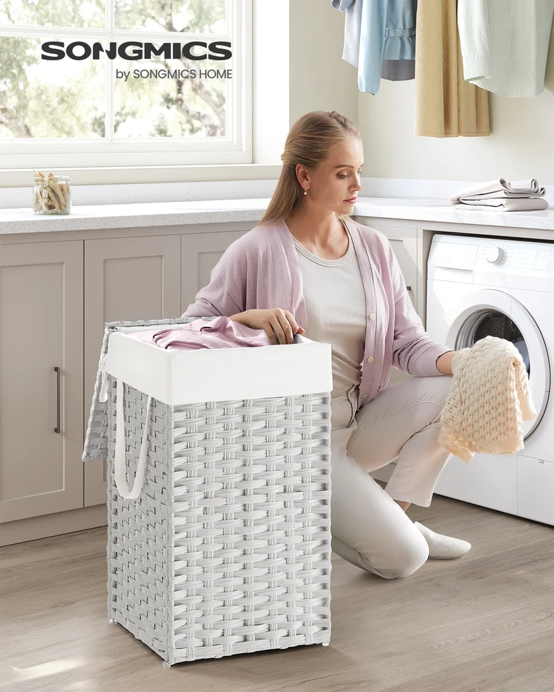 Laundry Hamper with Lid 17.2 Gallon Rattan Clothes Laundry Basket with Lid and Handles Foldable Removable Liner for Laundry Room White