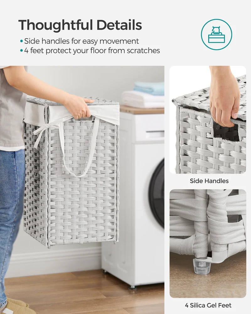 Laundry Hamper with Lid 17.2 Gallon Rattan Clothes Laundry Basket with Lid and Handles Foldable Removable Liner for Laundry Room White