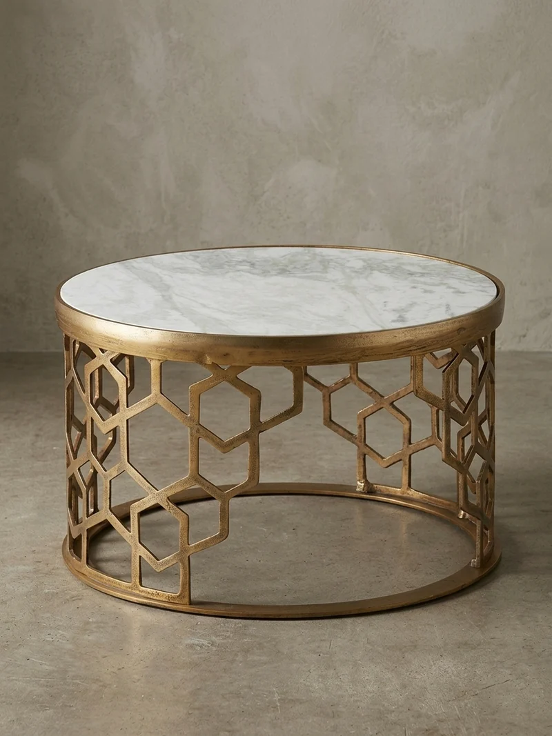 Couchtisch Weiß Marmor und Metall, Rund, Maße 60x60x36 cm, Modernes Design