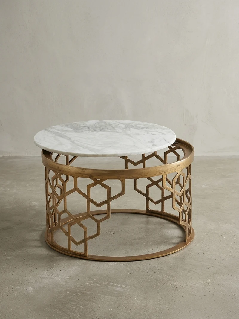 Couchtisch Weiß Marmor und Metall, Rund, Maße 60x60x36 cm, Modernes Design