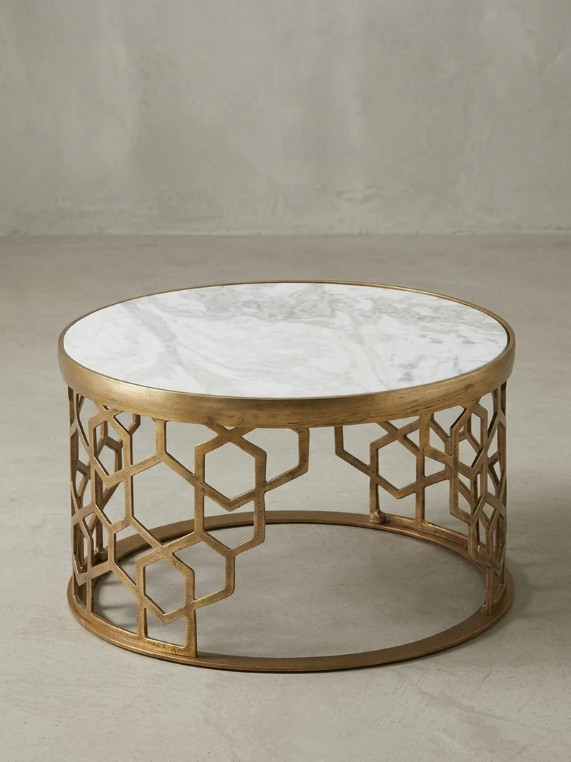 Couchtisch Weiß Marmor und Metall, Rund, Maße 60x60x36 cm, Modernes Design