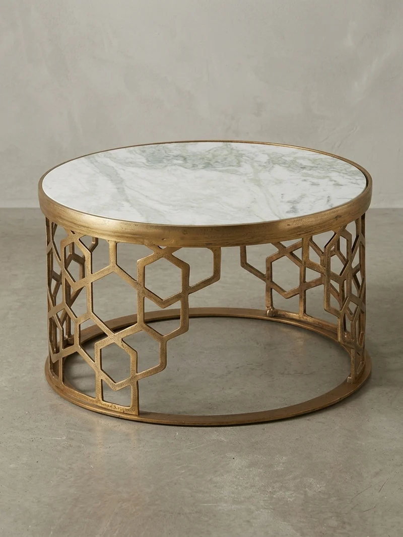 Couchtisch Weiß Marmor und Metall, Rund, Maße 60x60x36 cm, Modernes Design