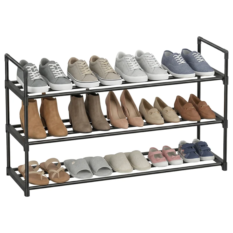 3-Tier Metal Shoe Rack Organizer, Stackable Shoe Shelf Holds 12-15 Pairs, Space Saving Design, Black