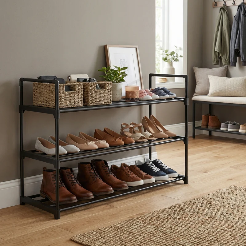 3-Tier Metal Shoe Rack Organizer, Stackable Shoe Shelf Holds 12-15 Pairs, Space Saving Design, Black