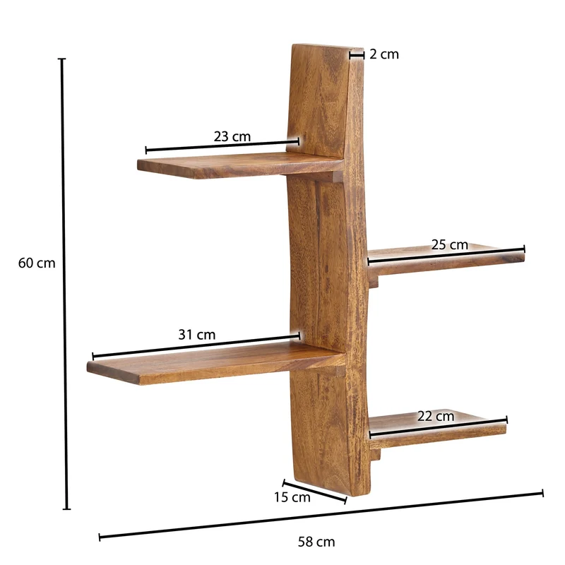Wandregal Massivholz Baumform 58x60x15 cm mit 4 Ablagen