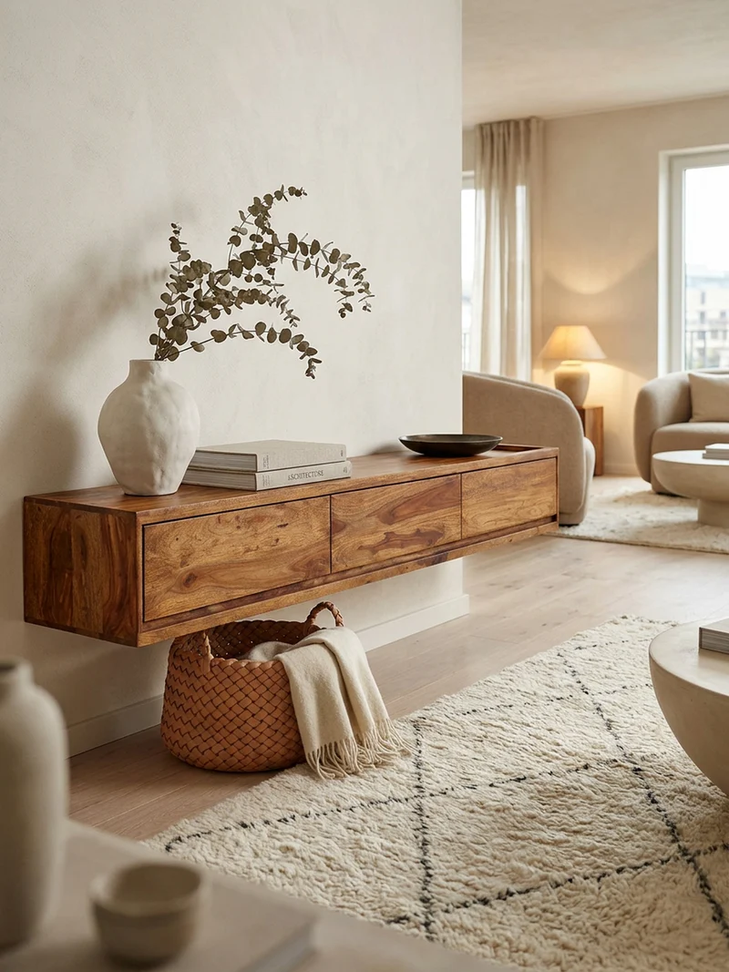 Lowboard Massivholz Modern Stil Hängend für 65-Zoll Fernseher mit 3 Schubladen