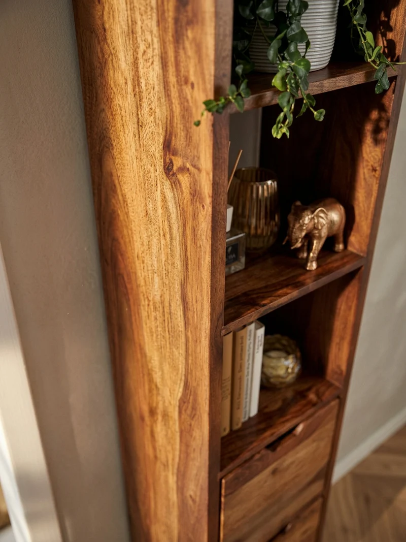 Wandregal Massivholz Modern Stil Flexibel mit 5 Ablagen und 2 Schubladen