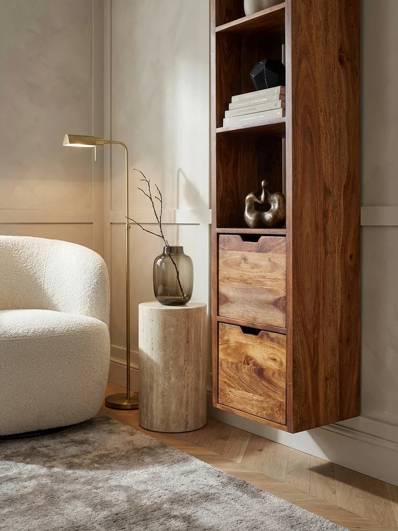 Wandregal Massivholz Modern Stil Flexibel mit 5 Ablagen und 2 Schubladen
