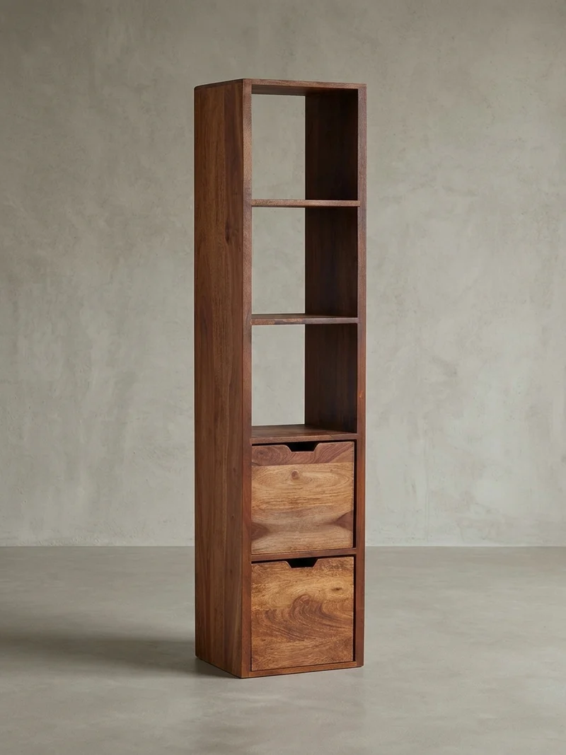 Wandregal Massivholz Modern Stil Flexibel mit 5 Ablagen und 2 Schubladen
