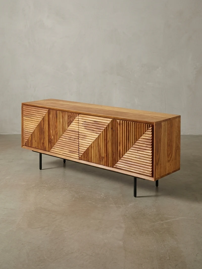 Lowboard Massivholz Modern Stil Modell Spectrum mit 3D-Oberfläche und Edelstahl-Gestell