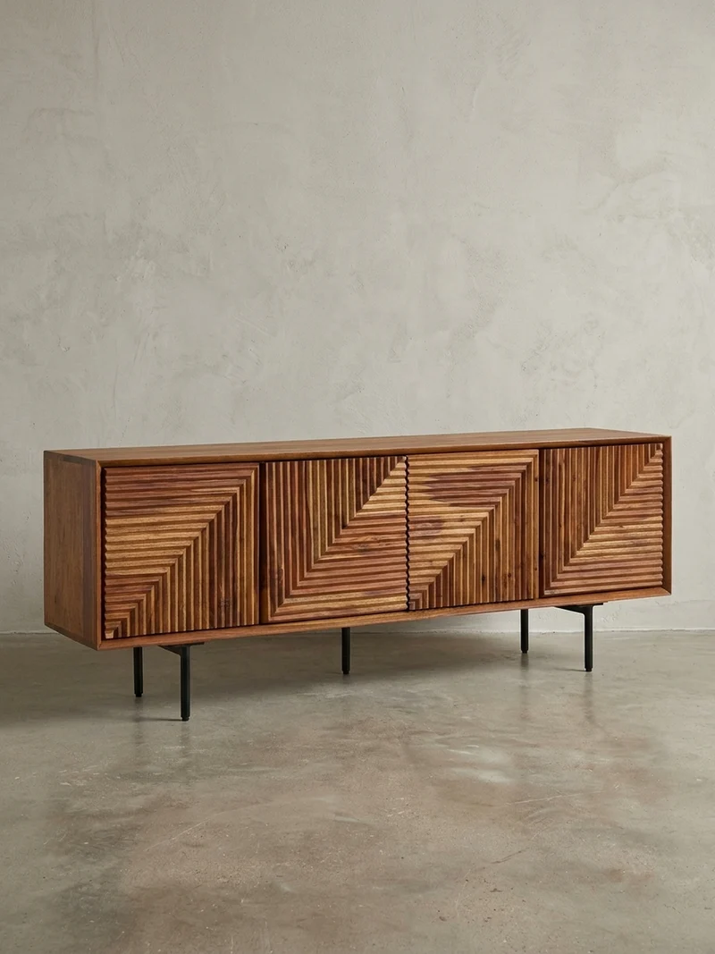 Lowboard Massivholz Modern Stil Modell Spectrum mit 3D-Oberfläche und Edelstahl-Gestell