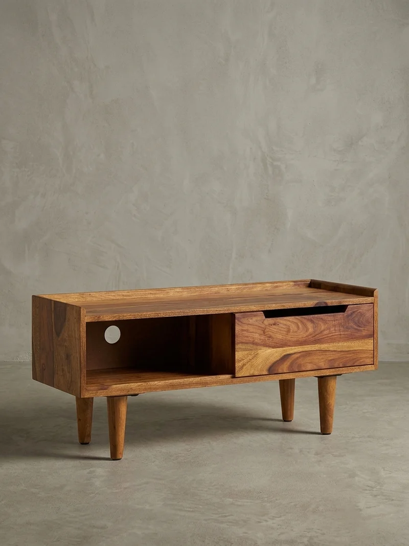 Lowboard Massivholz Modern Stil für Fernseher bis 50 Zoll mit Schiebetür und 2 Fächern