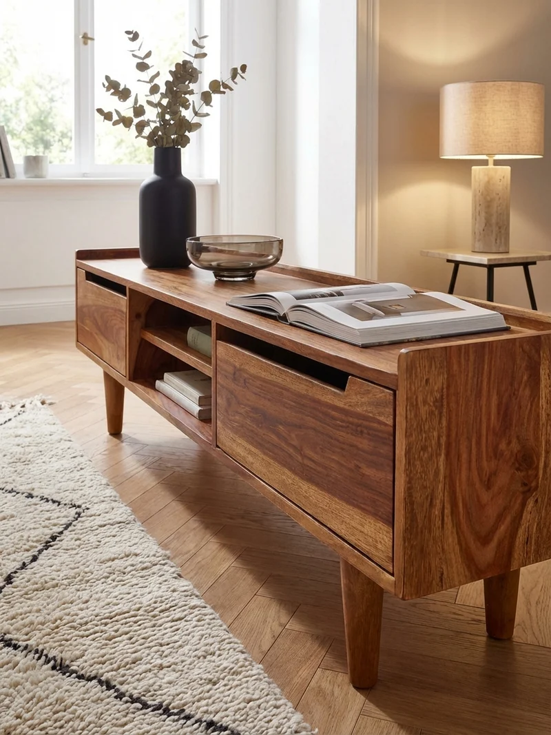 Lowboard Massivholz Landhausstil für 60-Zoll Fernseher mit Stauraum und Schutzlackversiegelung