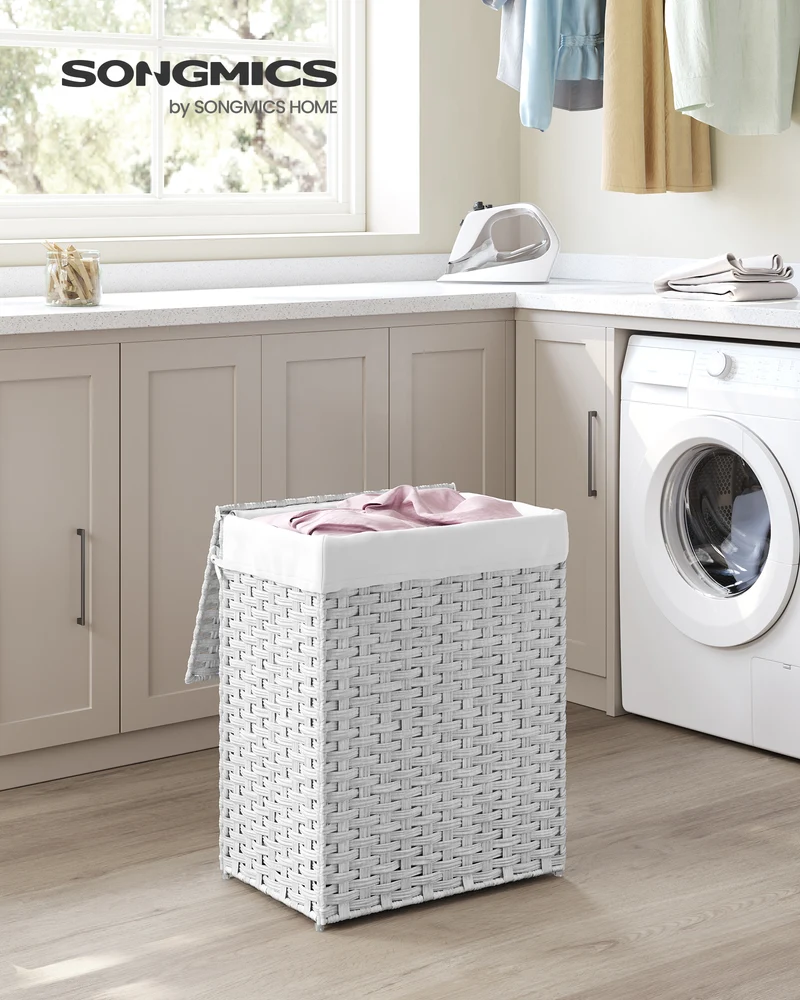 SONGMICS 23.8 Gal (90L) Laundry Hamper Laundry Basket with Lid and Handles Wicker hamper White