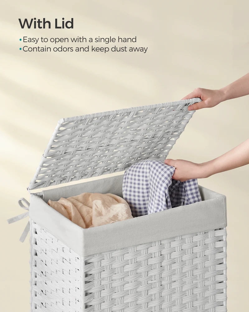 SONGMICS 23.8 Gal (90L) Laundry Hamper Laundry Basket with Lid and Handles Wicker hamper White