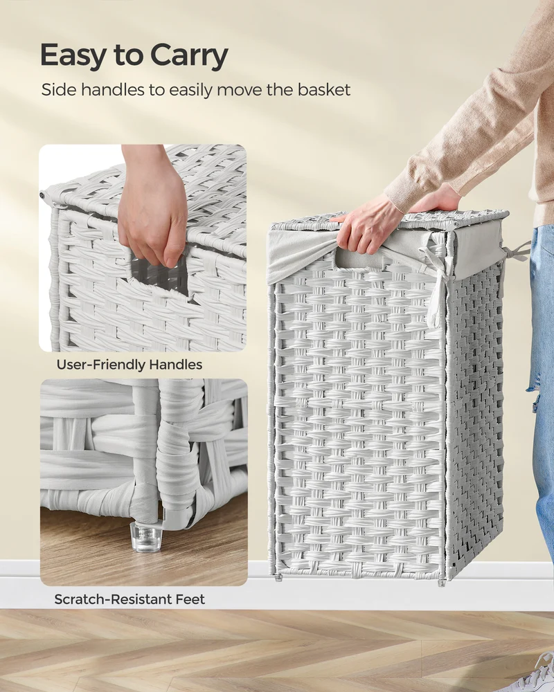 SONGMICS 23.8 Gal (90L) Laundry Hamper Laundry Basket with Lid and Handles Wicker hamper White