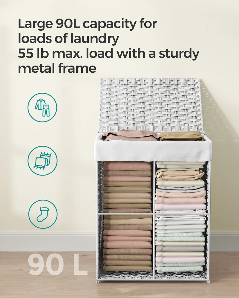 SONGMICS 23.8 Gal (90L) Laundry Hamper Laundry Basket with Lid and Handles Wicker hamper White