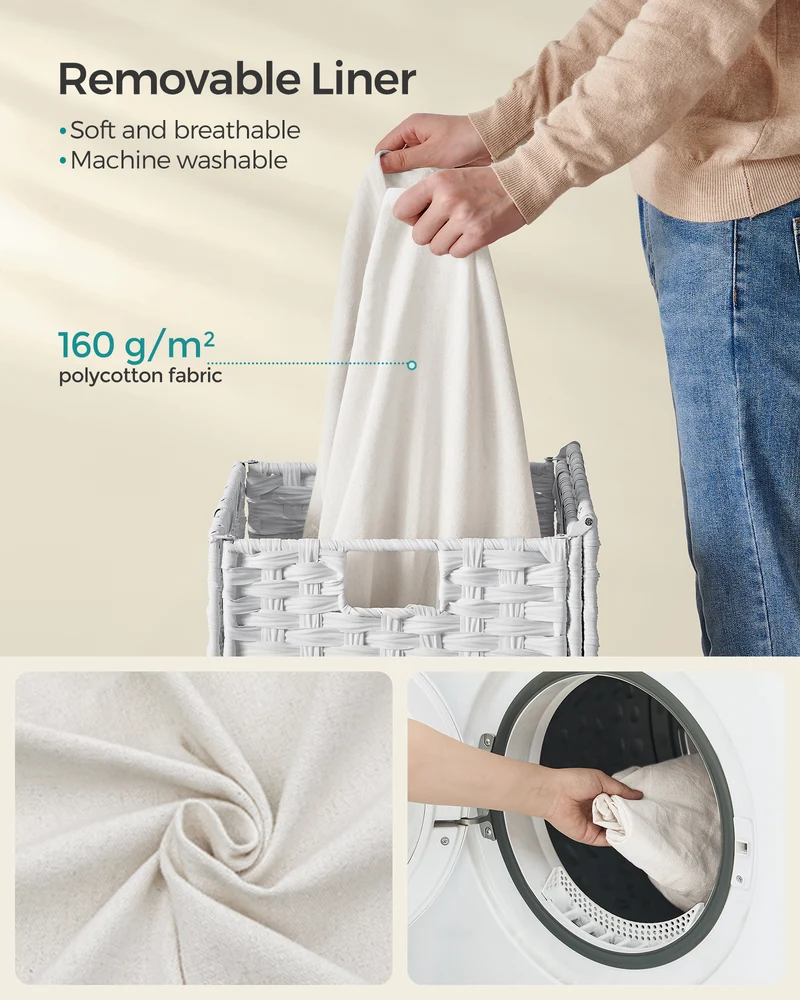 SONGMICS 23.8 Gal (90L) Laundry Hamper Laundry Basket with Lid and Handles Wicker hamper White