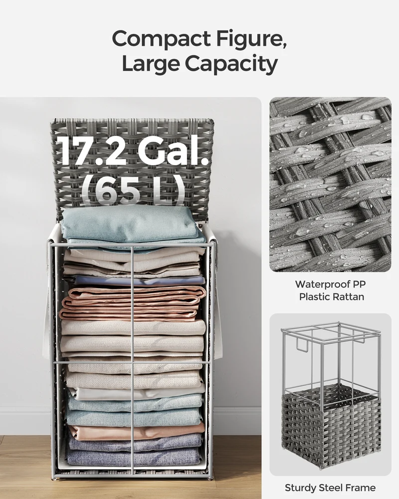 65L Laundry Hamper with Lid Folding Laundry Basket Clothes Hamper with Removable Liner for Laundry Room Gray