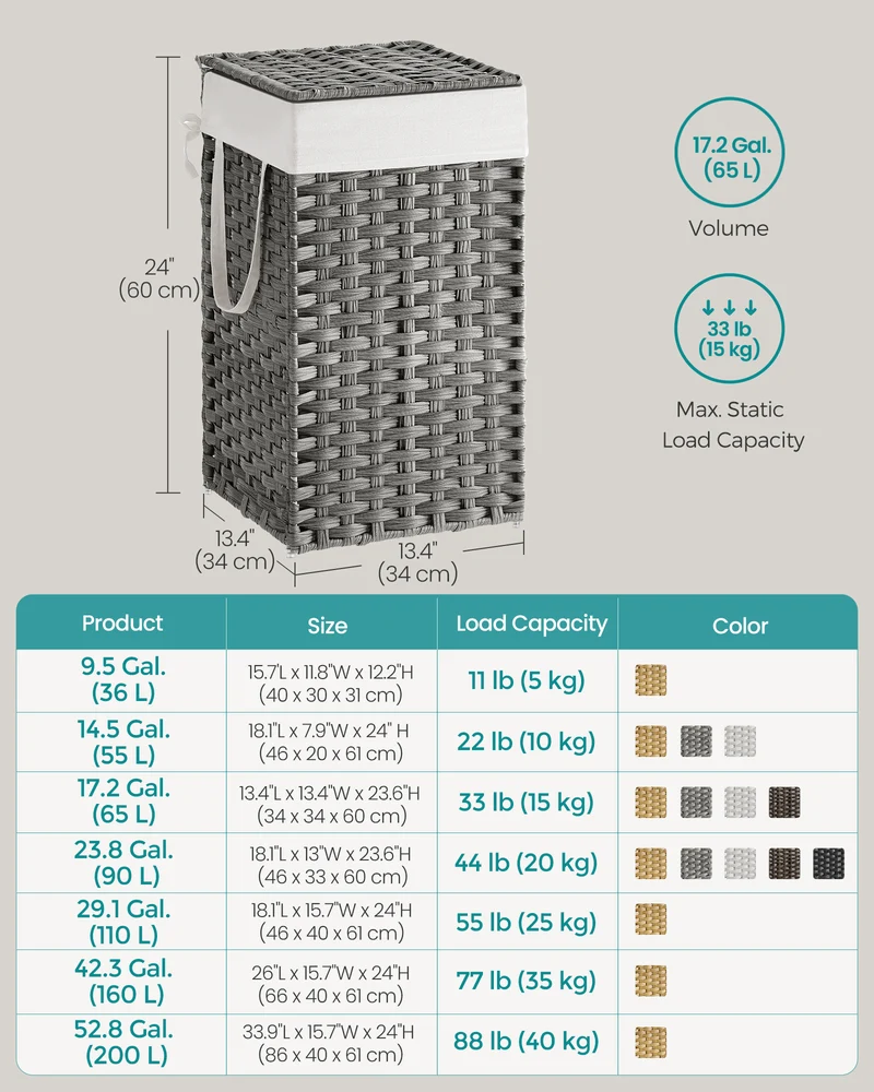 65L Laundry Hamper with Lid Folding Laundry Basket Clothes Hamper with Removable Liner for Laundry Room Gray