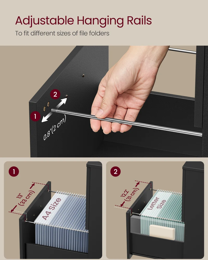 2-Drawer File Cabinet, Filing Cabinet for Home Office, Small Rolling File Cabinet, Printer Stand, Hanging File Folders, Matte Blackv