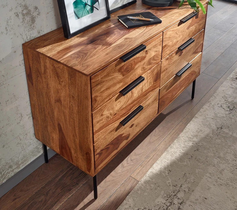 Kommode – Massivholz/Metall, 117x80x42 cm, 6 Schubladen, Industrial-Stil