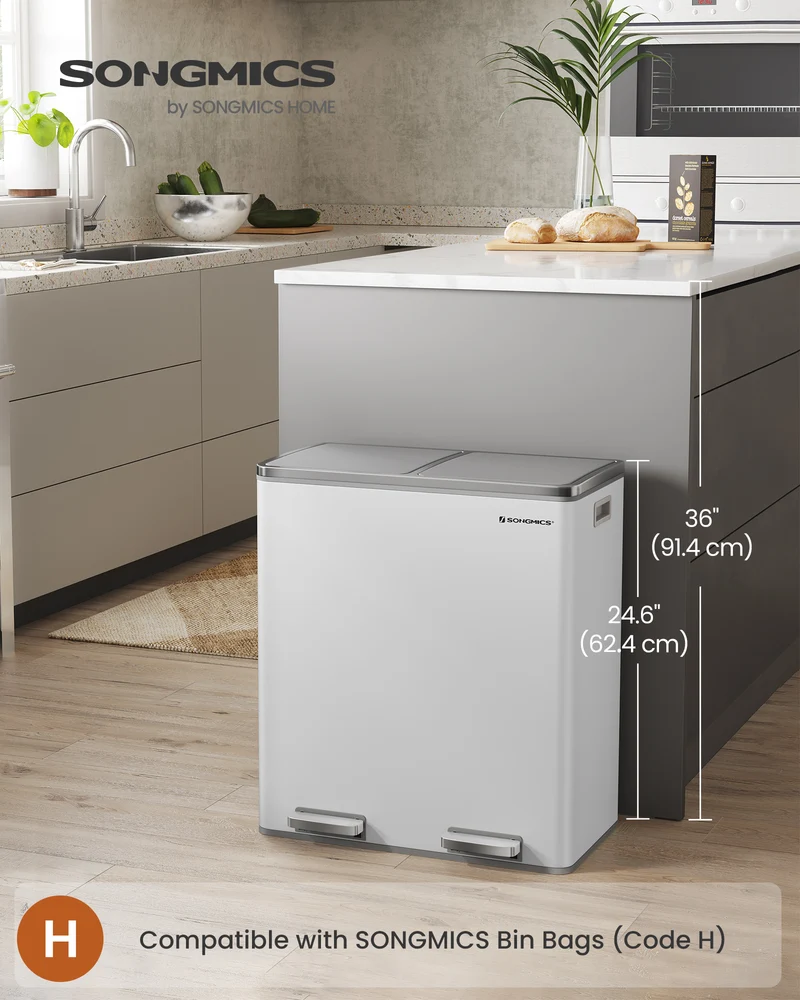 SONGMICS 16 Gal Trash Can, Garbage Can for Kitchen, with 15 Trash Bags, 2 Compartments, Airtight, White and Grey
