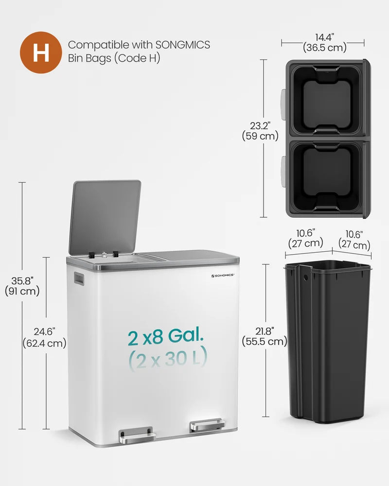 SONGMICS 16 Gal Trash Can, Garbage Can for Kitchen, with 15 Trash Bags, 2 Compartments, Airtight, White and Grey