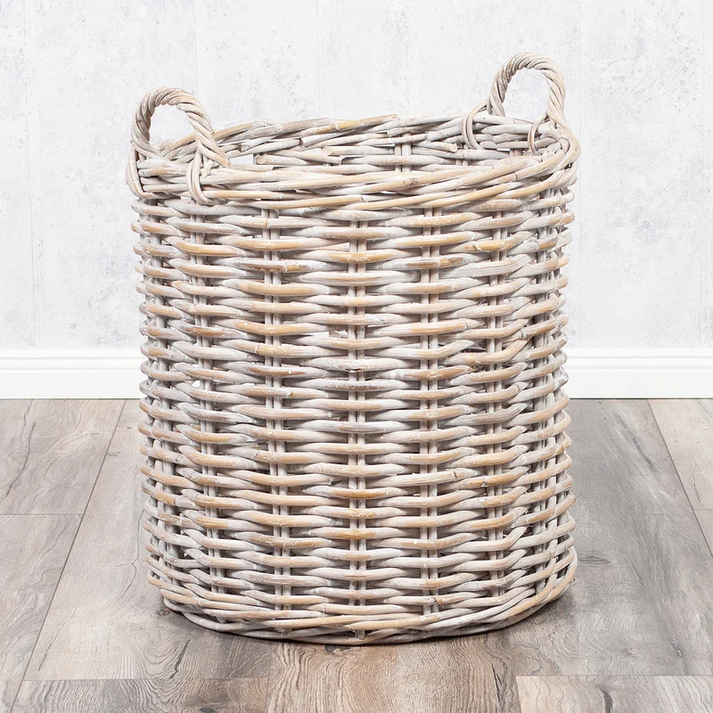 Natur Rattankorb BAKUL rund White-Wash 50cm Griffe Pflanzkorb Inlay