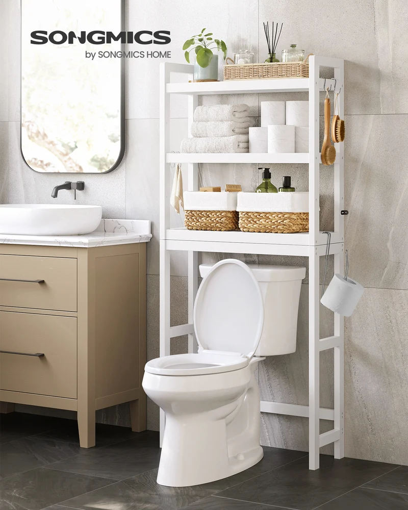SONGMICS 3-Tier Over The Toilet Storage Bamboo Over Toilet Bathroom Organizer White