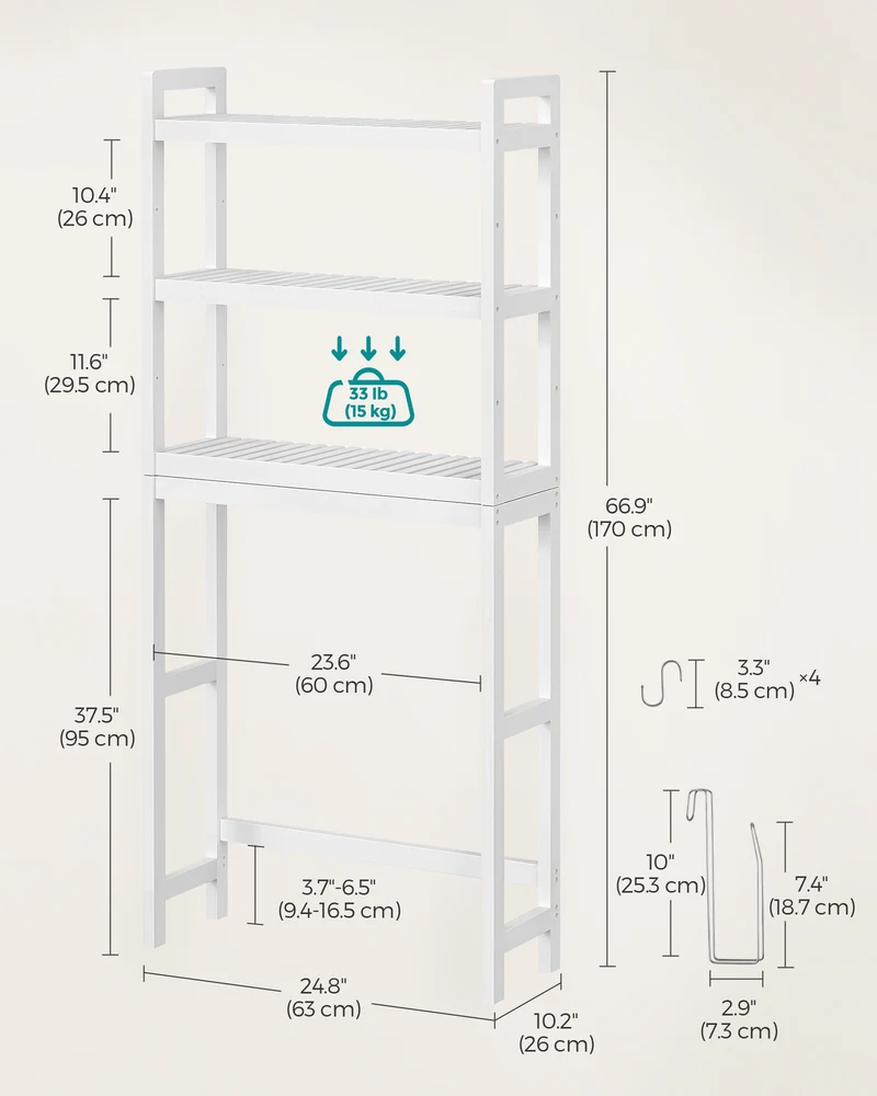 SONGMICS 3-Tier Over The Toilet Storage Bamboo Over Toilet Bathroom Organizer White