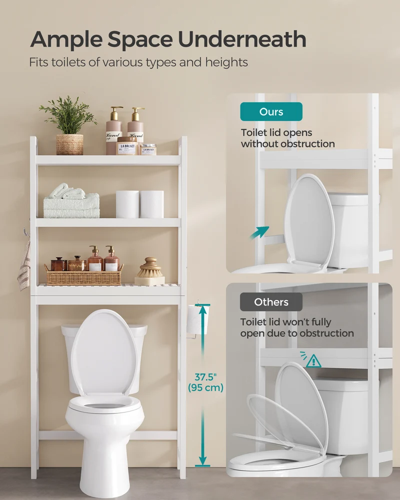 SONGMICS 3-Tier Over The Toilet Storage Bamboo Over Toilet Bathroom Organizer White
