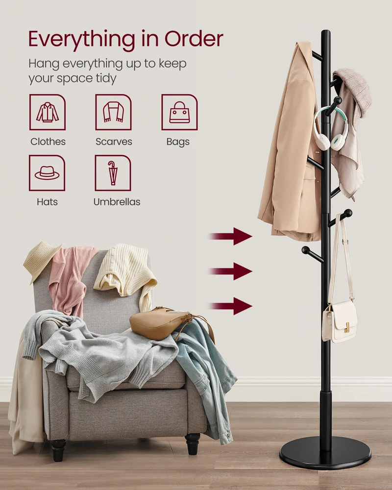 Freestanding Solid Wood Coat Rack with 7 Hooks, 3 Height Options, 44 lb Capacity for Entryway Hallway, Rubberwood, Black