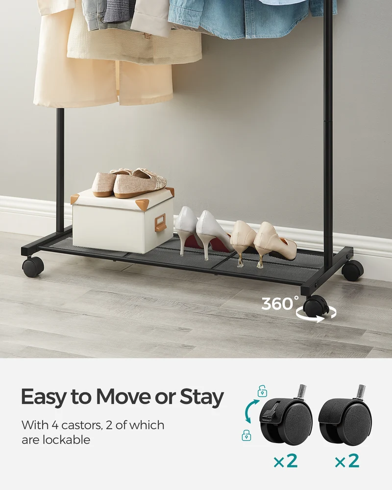 Heavy-Duty Clothes Rack with Dense Mesh Storage Shelf 25.4mm Metal Garment Rack with Wheels and 2 Brakes, 110 lb Load Capacity Clothes Rack
