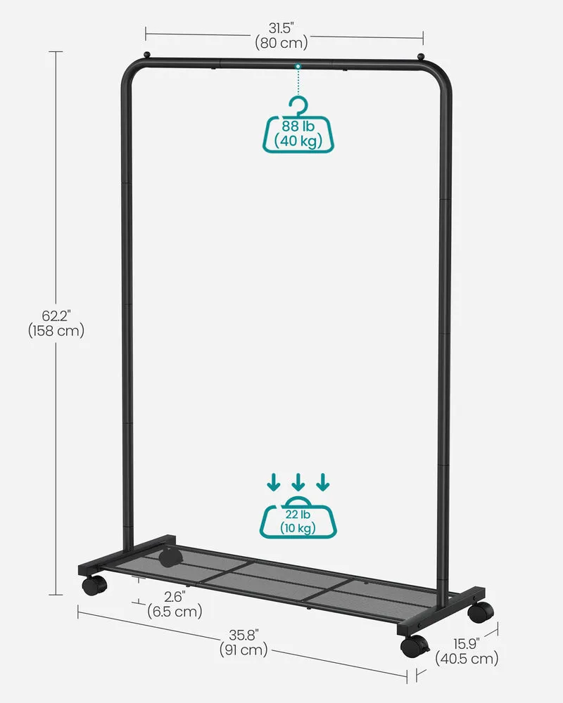 Heavy-Duty Clothes Rack with Dense Mesh Storage Shelf 25.4mm Metal Garment Rack with Wheels and 2 Brakes, 110 lb Load Capacity Clothes Rack