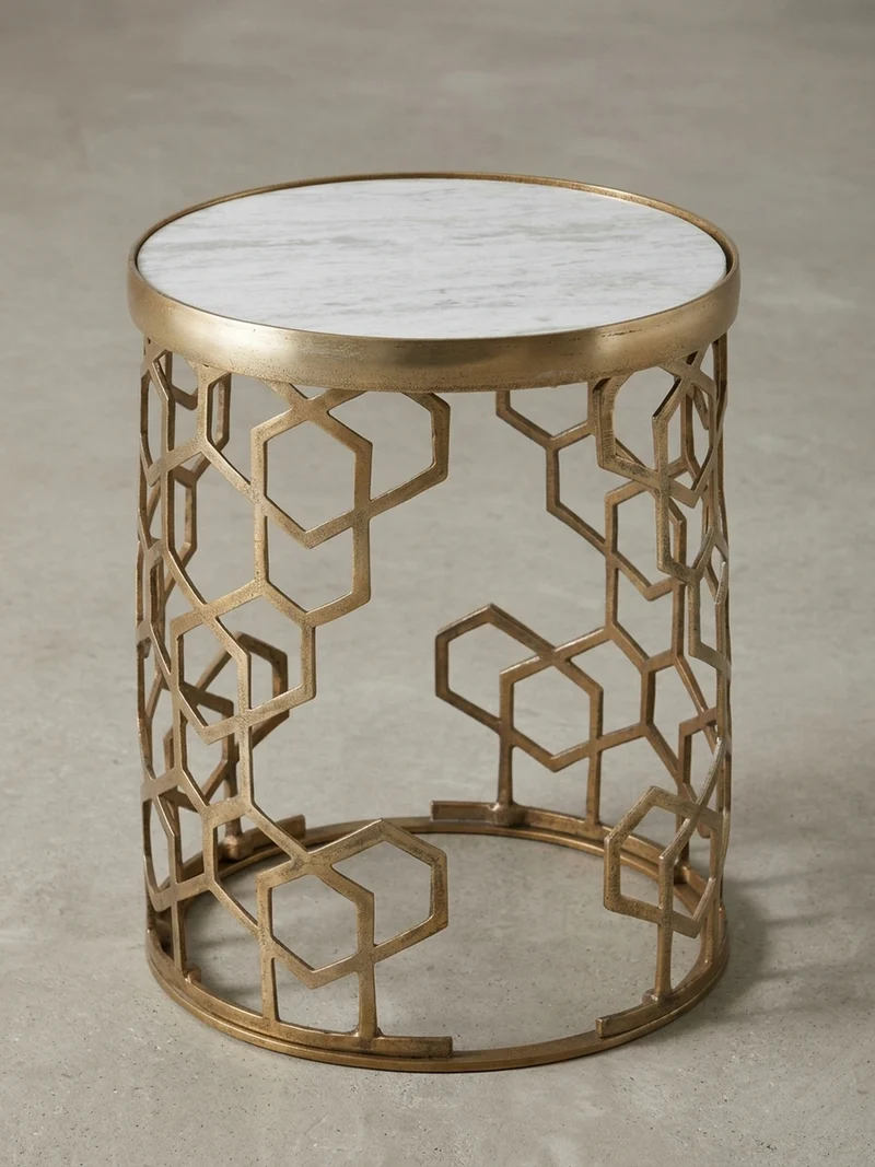 Beistelltisch – Rund Marmor Goldfarben Metall Ø 46 cm, Höhe 55 cm