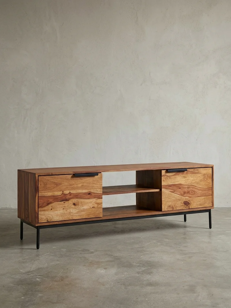 Lowboard Massivholz Landhausstil für 60-Zoll Fernseher mit offenen Fächern