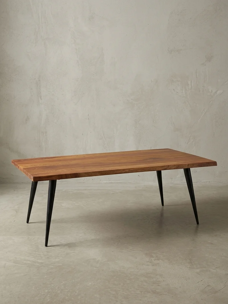 Couchtisch Sheesham Massivholz in Natur mit Baumkante und Metallgestell, 110x60x40 cm, Handgefertigt, Schutzlack-beschichtet